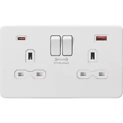 Knightsbridge SFR9909MW 13A 2-Gang DP Switched Socket + 4.0A 2-Outlet Type A & C USB Charger Matt White with White Inserts