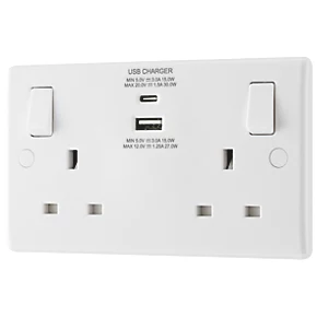 British General 800 Series 13A 2-Gang SP Switched Socket + 3A 2-Outlet Type A & C USB Charger White 1 British General 800 Series 13A 2-Gang SP Switched Socket + 3A 2-Outlet Type A & C USB Charger White