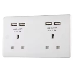 British General 800 Series 13A 2-Gang SP Unswitched Socket + 4.2A 4-Outlet Type A USB Charger White
