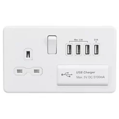 Knightsbridge SFR7USB4MW 13A 1-Gang SP Switched Socket + 5.1A 4-Outlet Type A USB Charger Matt White with White Inserts
