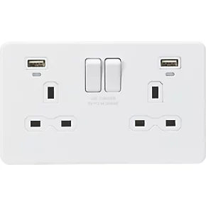 Knightsbridge SFR9904NMW 13A 2-Gang SP Switched Socket + 2.4A 2-Outlet Type A USB Charger Matt White with White Inserts 1 Knightsbridge SFR9904NMW 13A 2-Gang SP Switched Socket + 2.4A 2-Outlet Type A USB Charger Matt White with White Inserts
