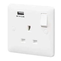 MK Base 13A 1-Gang DP Switched Socket + 2.4A 1-Outlet Type A USB Charger White with White Inserts