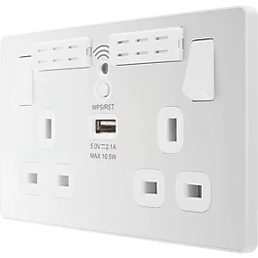 British General Evolve 13A 2-Gang SP Switched Double Socket With WiFi Extender + 2.1A 1-Outlet Type A USB Charger White with White Inserts 1 British General Evolve 13A 2-Gang SP Switched Double Socket With WiFi Extender + 2.1A 1-Outlet Type A USB Charger White with White Inserts