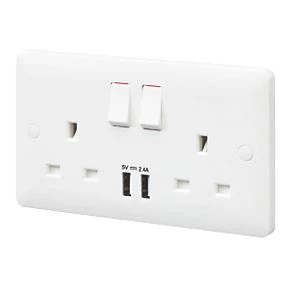 MK Base 13A 2-Gang SP Switched Socket + 2.4A 2-Outlet Type A USB Charger White with White Inserts 1 MK Base 13A 2-Gang SP Switched Socket + 2.4A 2-Outlet Type A USB Charger White with White Inserts