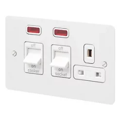 MK Edge 45A 2-Gang DP Cooker Switch & 13A DP Switched Socket White with Neon with Colour-Matched Inserts