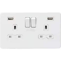 Knightsbridge SFR9224MW 13A 2-Gang SP Switched Socket + 2.4A 2-Outlet Type A USB Charger Matt White with White Inserts