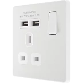 British General Evolve 13A 1-Gang SP Switched Socket + 2.1A 2-Outlet Type A USB Charger Pearlescent White with White Inserts 1 British General Evolve 13A 1-Gang SP Switched Socket + 2.1A 2-Outlet Type A USB Charger Pearlescent White with White Inserts