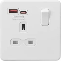 Knightsbridge SFR9919MW 13A 1-Gang SP Switched Socket + 4.0A 2-Outlet Type A & C USB Charger Matt White with White Inserts