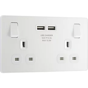 British General Evolve 13A 2-Gang SP Switched Socket + 3.1A 2-Outlet Type A USB Charger Pearlescent White with White Inserts 2 British General Evolve 13A 2-Gang SP Switched Socket + 3.1A 2-Outlet Type A USB Charger Pearlescent White with White Inserts - Image 2