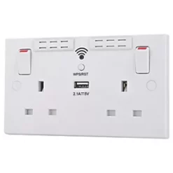 British General 900 Series 13A 2-Gang SP Switched Wi-Fi Extender Socket + 2.1A 1-Outlet Type A USB Charger White