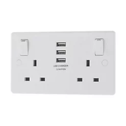 LAP 13A 2-Gang SP Switched Socket + 3.1A 3-Outlet Type A USB Charger White