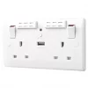 British General 800 Series 13A 2-Gang SP Switched Wi-Fi Extender Socket + 2.1A 1-Outlet Type A USB Charger White