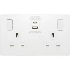 British General Evolve 13A 2-Gang SP Switched Socket + 3A 2-Outlet Type A & C USB Charger Pearlescent White with White Inserts -White Switches & Sockets Sales Store 970RF A2