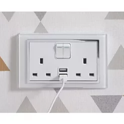 Retrotouch 13A 2-Gang DP Switched Socket + 2.1A 2-Outlet Type A USB Charger White Glass -White Switches & Sockets Sales Store 9819T A4