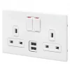 MK Aspect 13A 2-Gang DP Switched Socket + 2A 2-Outlet Type A USB Charger White with Colour-Matched Inserts
