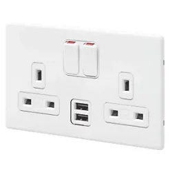 MK Aspect 13A 2-Gang DP Switched Socket + 2A 2-Outlet Type A USB Charger White with Colour-Matched Inserts